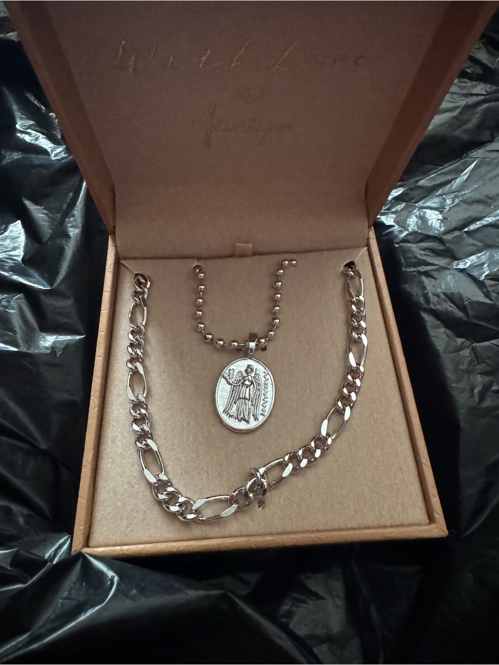 Silver 2-Layered Necklace Set with Angel pendant